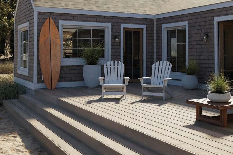 Fiberon deck and rail at a beach cottage — product photography courtesy of Fiberon