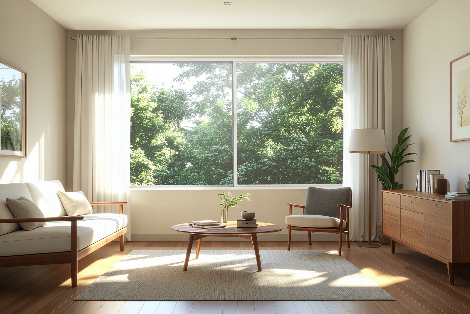 Milgard Ultra/C700 fiberglass slider filling a living-room wall — product photography courtesy of Milgard