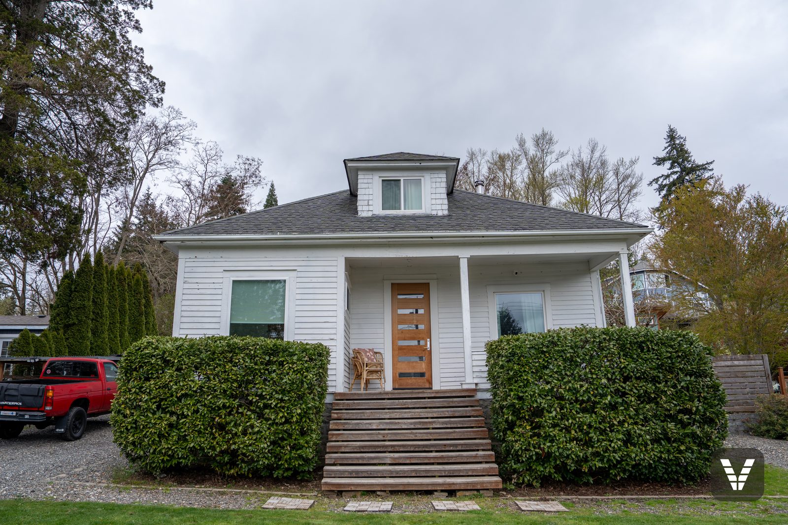 Front elevation before the re-side — original 1914 siding with peeling paint — before, Bellingham, WA
