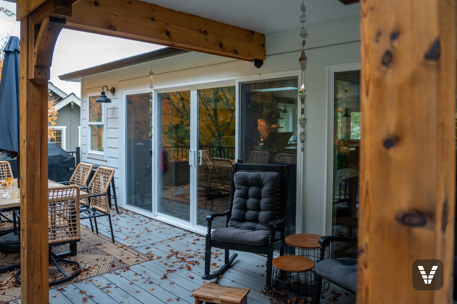 New Milgard Trinsic V300 four-panel sliding door at a covered Bellingham deck