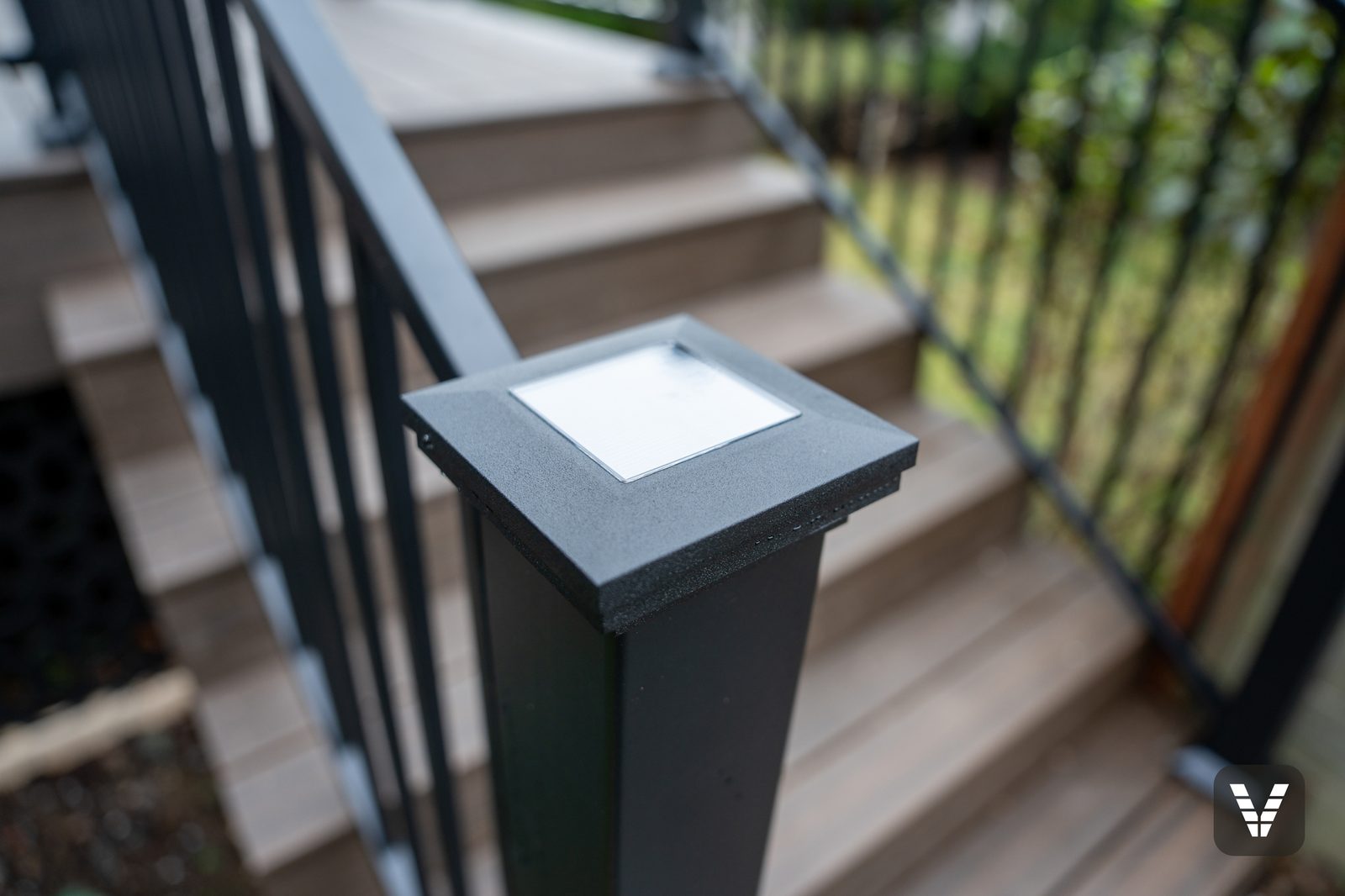 Solar post cap on the RDI MetalWorks railing