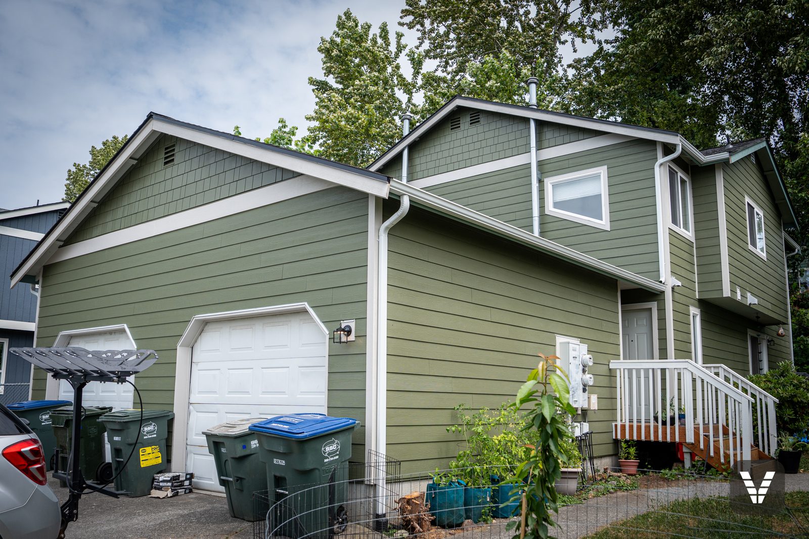 The finished view — front & garages
