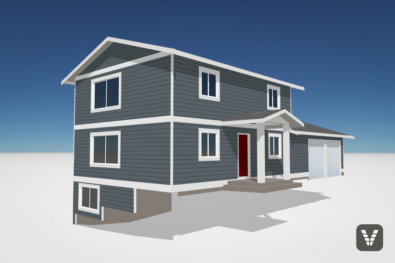 The free 3D design model we build for whole-home siding clients — a Ferndale home rendered in Evening Blue before installation