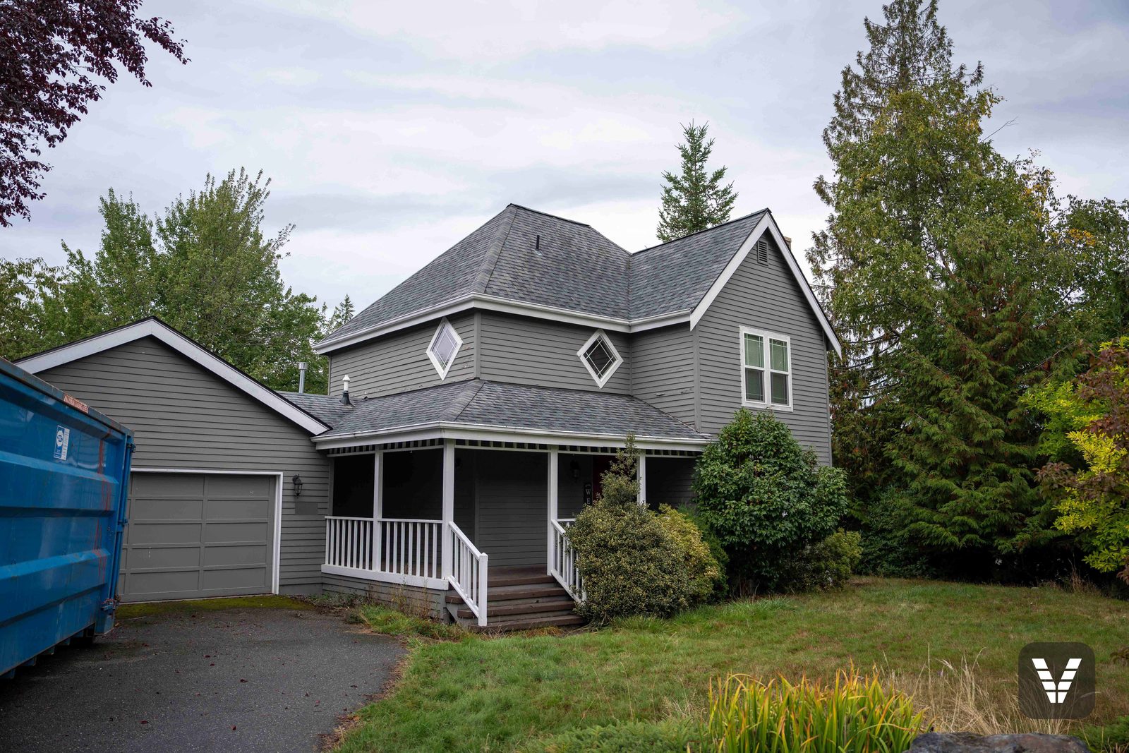 Front & porch before the re-side, in worn gray lap siding — before, Bellingham, WA