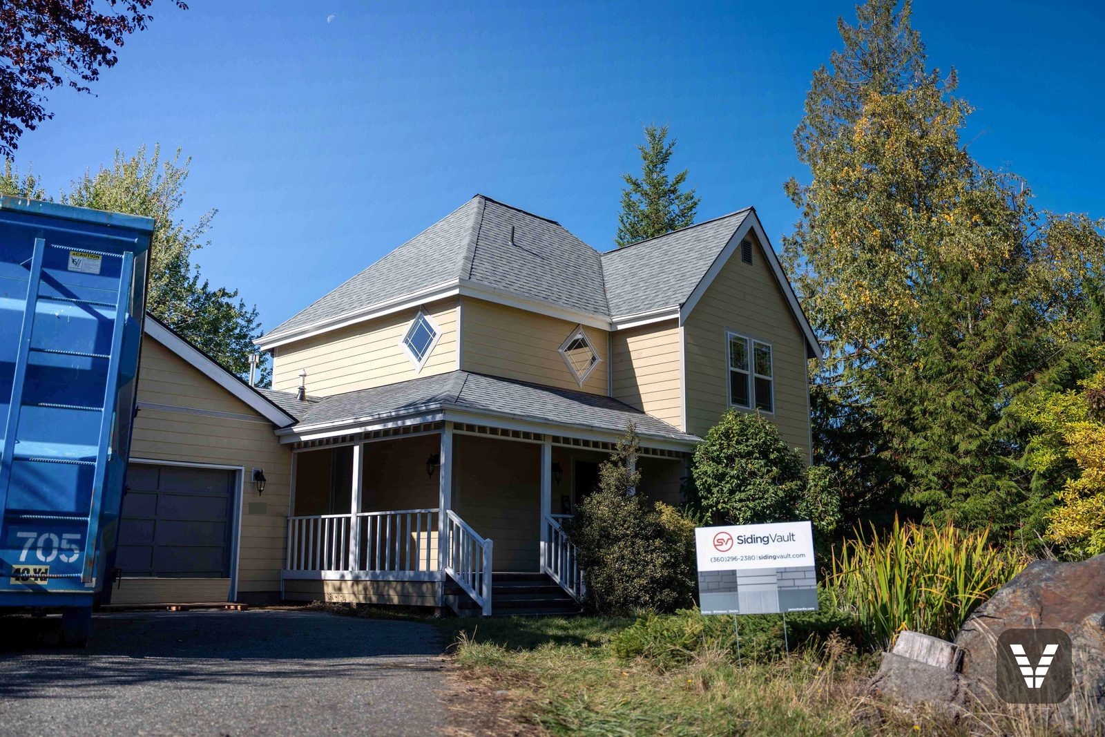 The finished view — front & porch — after shown in factory primer, pre-paint — after, SWV project in Bellingham, WA
